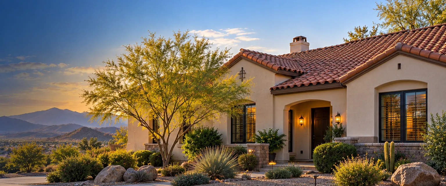 A desert stucco home with a terracotta clay barrel tile roof laid in neat rows with mortared ridge caps, a palo verde tree and gravel in front