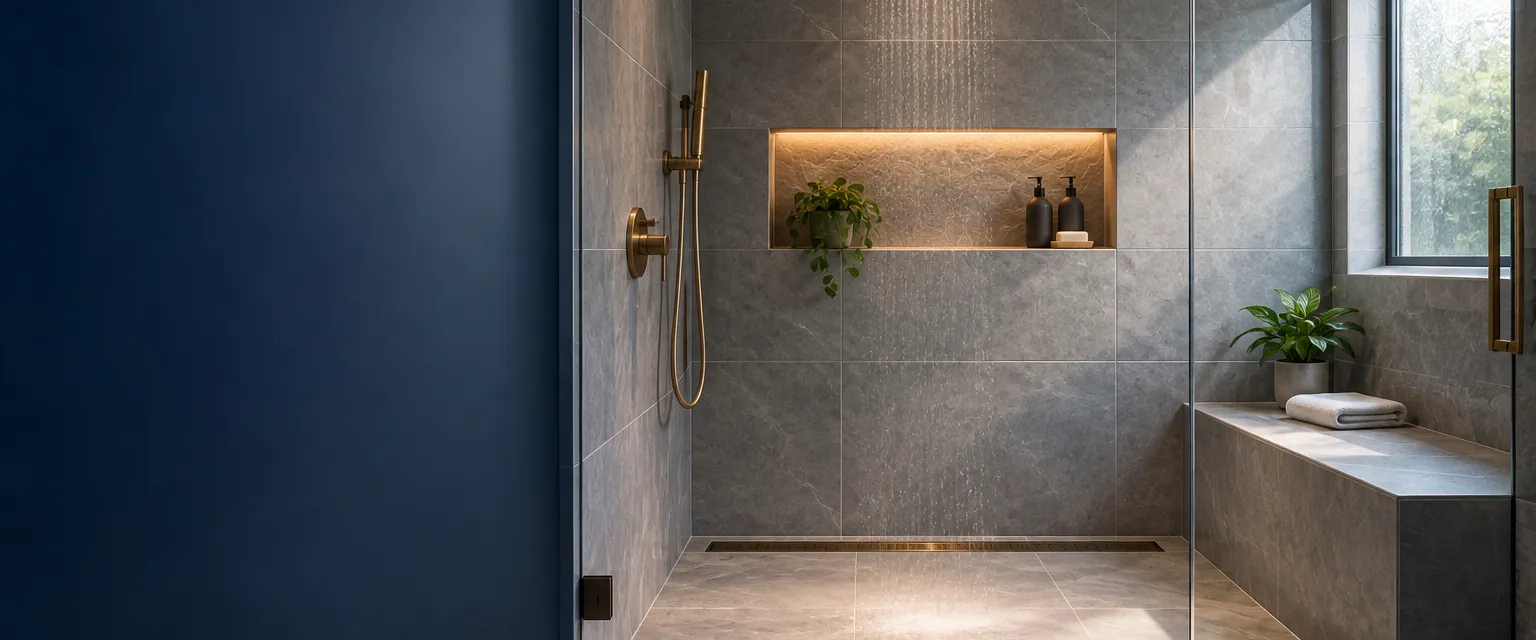 A walk-in shower lined with large-format matte gray porcelain tile, a recessed niche, a built-in bench and a long linear drain