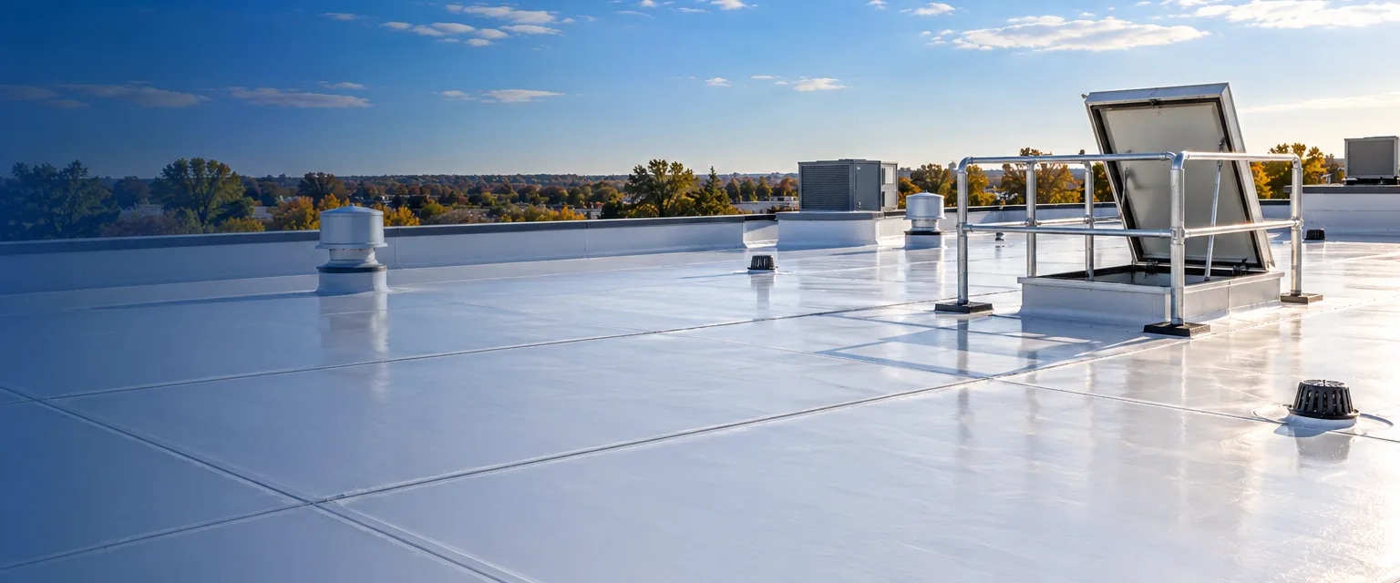 A bright white TPO membrane roof on a low building with heat-welded seams running in straight lines, rooftop vents and a guardrail-enclosed access hatch