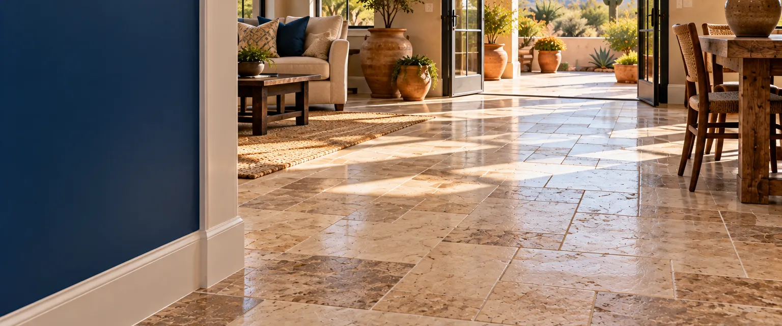 A sunny stucco courtyard room floored in cream and walnut travertine in a Versailles pattern, terracotta planters and arched windows