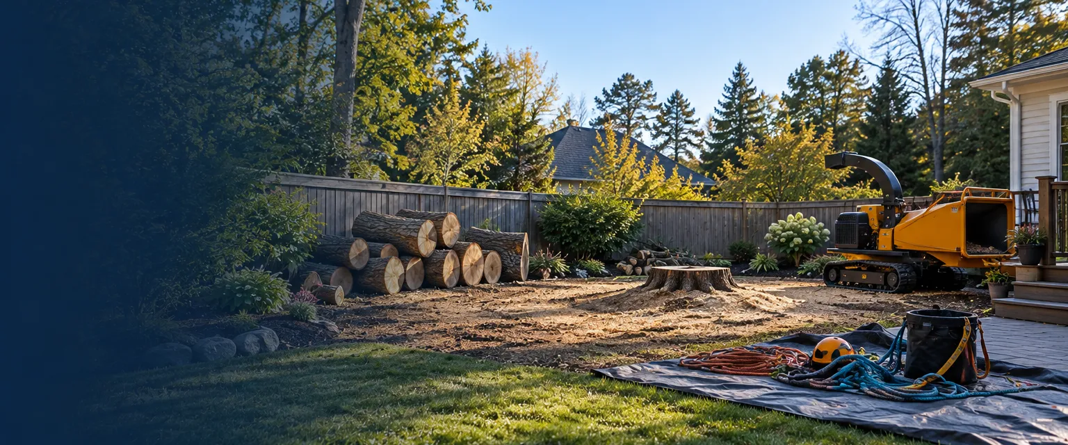 A backyard where a large tree has just been removed, the trunk cut into rounds stacked by a fence, a tracked chipper and coiled ropes on a tarp
