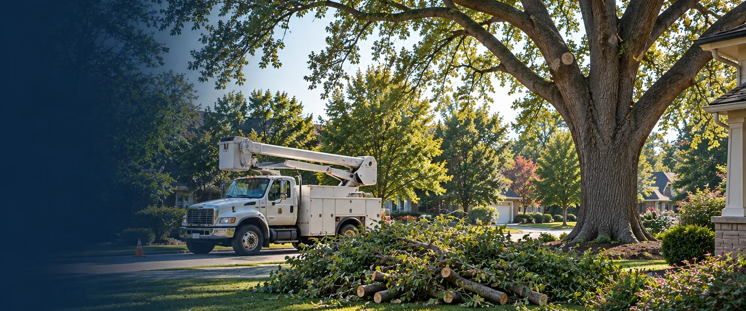 A large oak in a suburban yard with a freshly pruned open canopy, trimmed branches piled on the lawn and a bucket truck at the curb