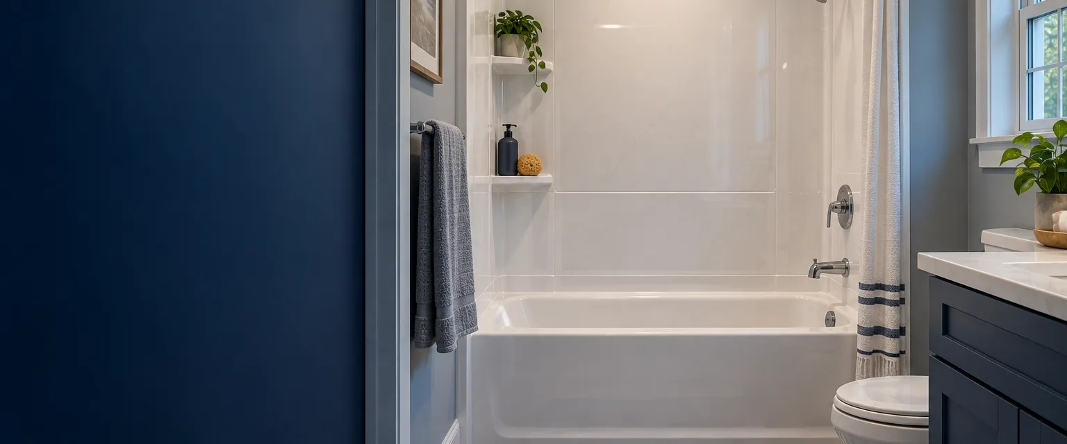 A small hall bathroom with a white alcove tub fitted with seamless soft white solid-surface wall panels, a corner caddy shelf and chrome trim