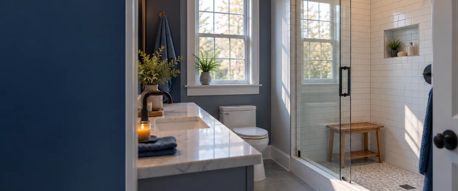 A compact bathroom where the tub alcove is now a tiled walk-in shower with a low curb, a niche and a sliding glass door