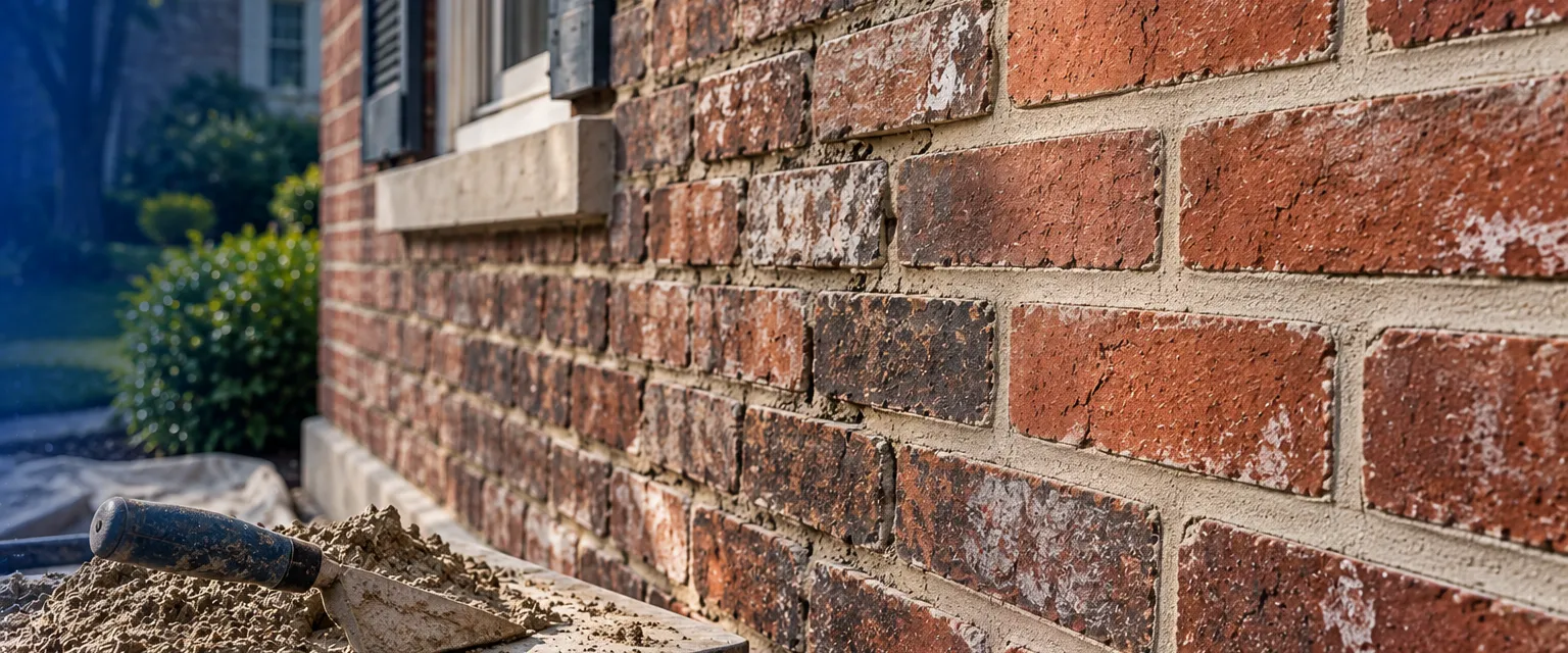 Close view of a weathered brick wall where a section of mortar joints has been freshly repointed in even lines beside older joints, a trowel resting on a hawk