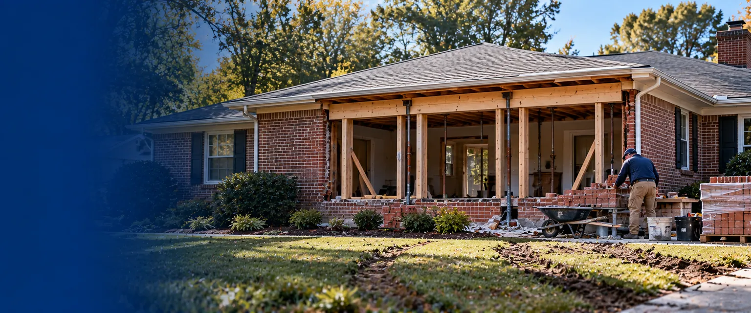 A brick ranch home with a section of front wall shored by temporary wooden posts and a new header, bricks stacked on a pallet