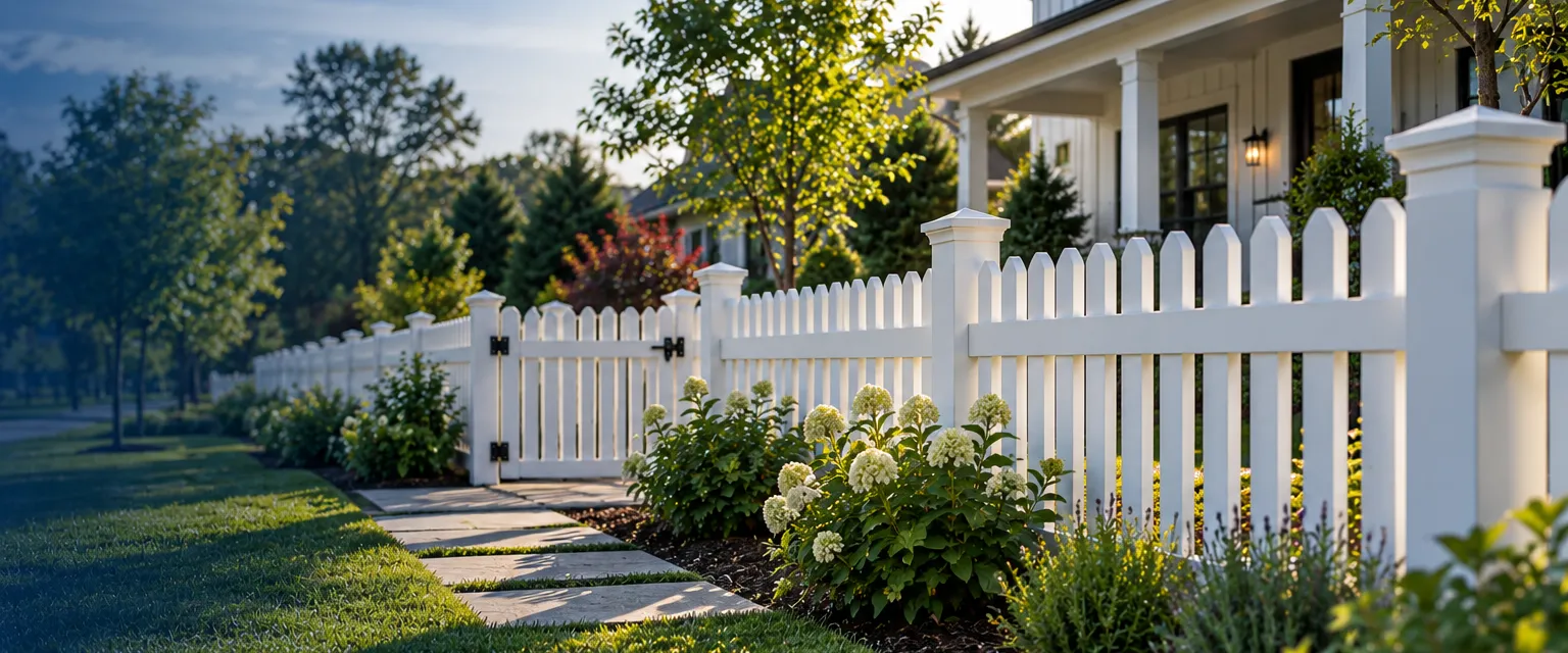 A crisp white vinyl picket fence with rounded caps along the front yard of a farmhouse, a flagstone walk leading to a closed gate