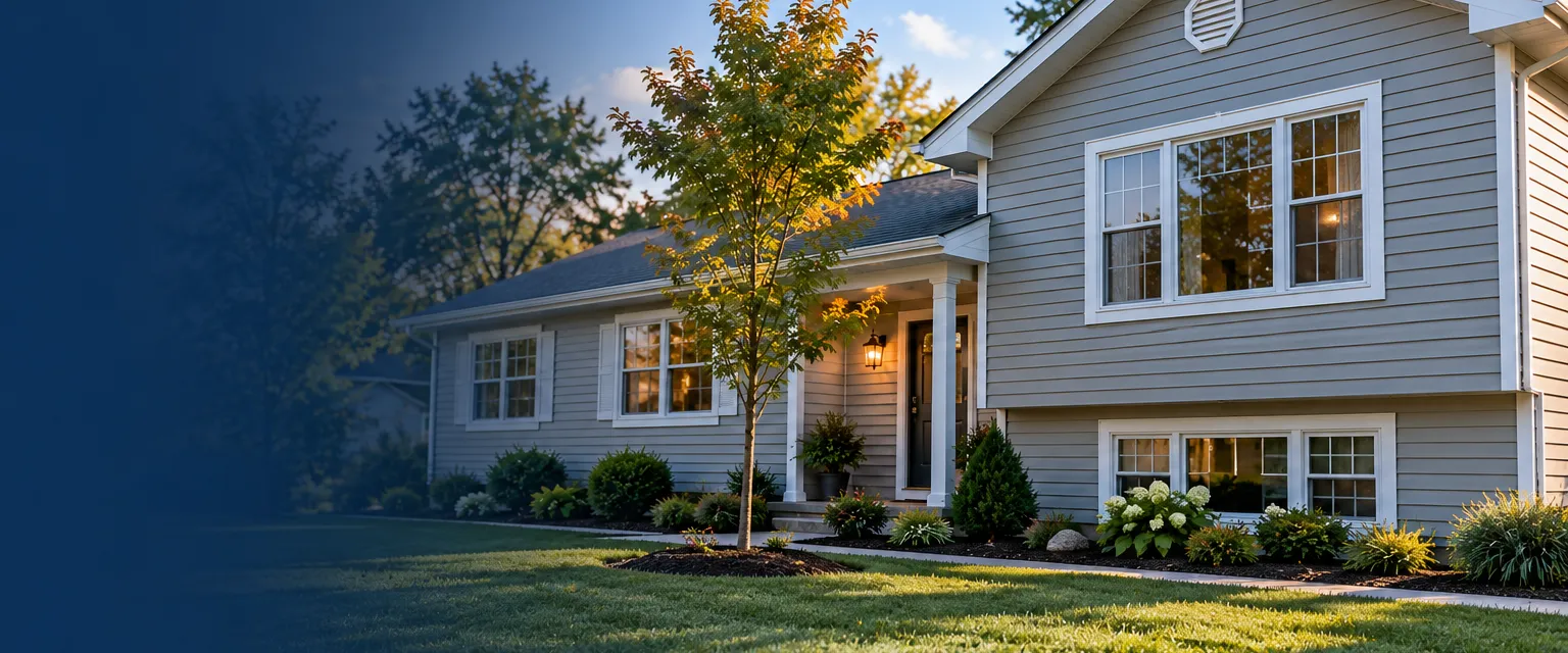 A suburban split-level home clad in new pale gray vinyl Dutch lap siding with white window trim and a matching gable vent, a young maple on the lawn in front