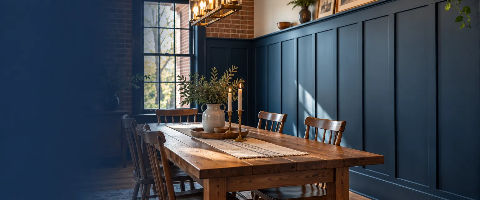 A dining room with board-and-batten wainscoting painted deep navy rising two thirds up the wall, a wooden table and chairs in front