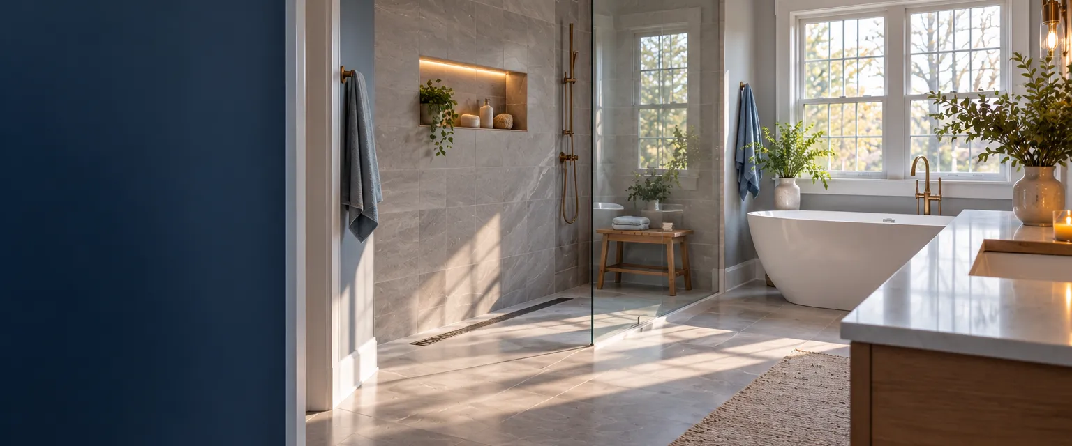 A modern bathroom with a curbless walk-in shower, large gray stone tile, a linear drain and a single fixed glass panel