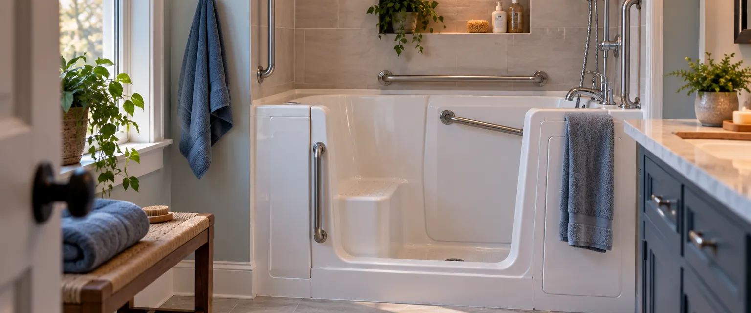A bathroom with a newly installed white walk-in tub with a low side door, a built-in seat, grab bars and a handheld shower