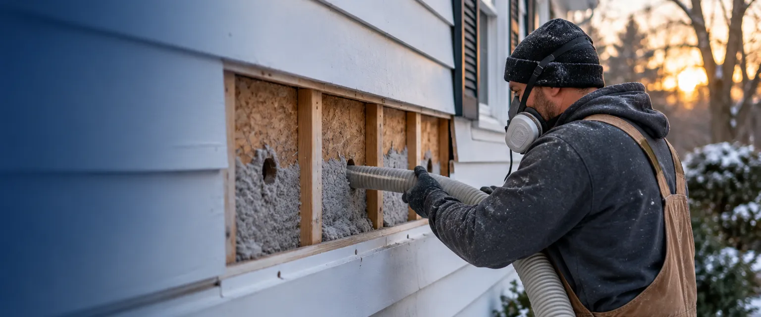 An installer in a respirator and gloves guiding a hose into small drilled holes behind a removed row of clapboard siding on a white colonial