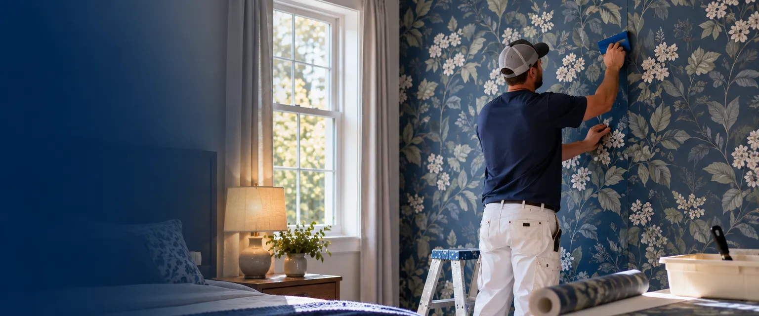 An installer smoothing a botanical-print wallpaper panel on a bedroom accent wall, rolled panels and a pasting table nearby