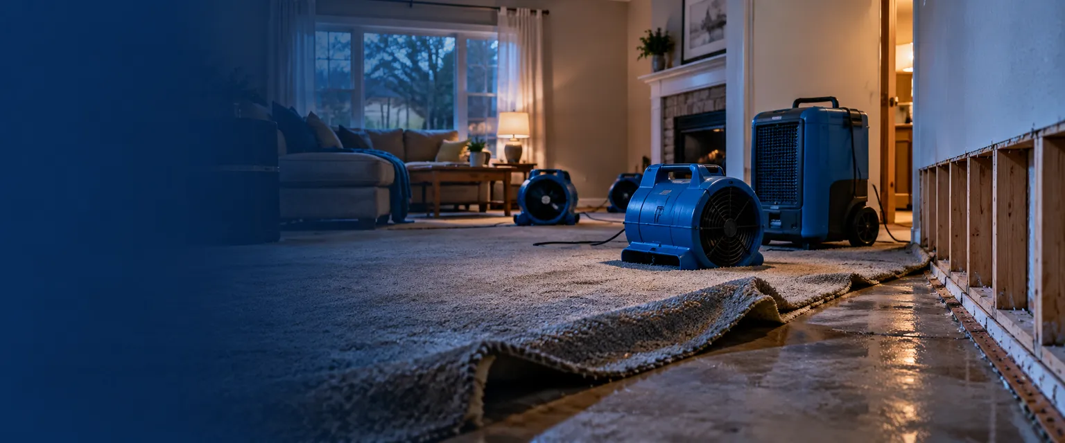 Air movers drying a living room floor with the lower drywall cut away and a dehumidifier running