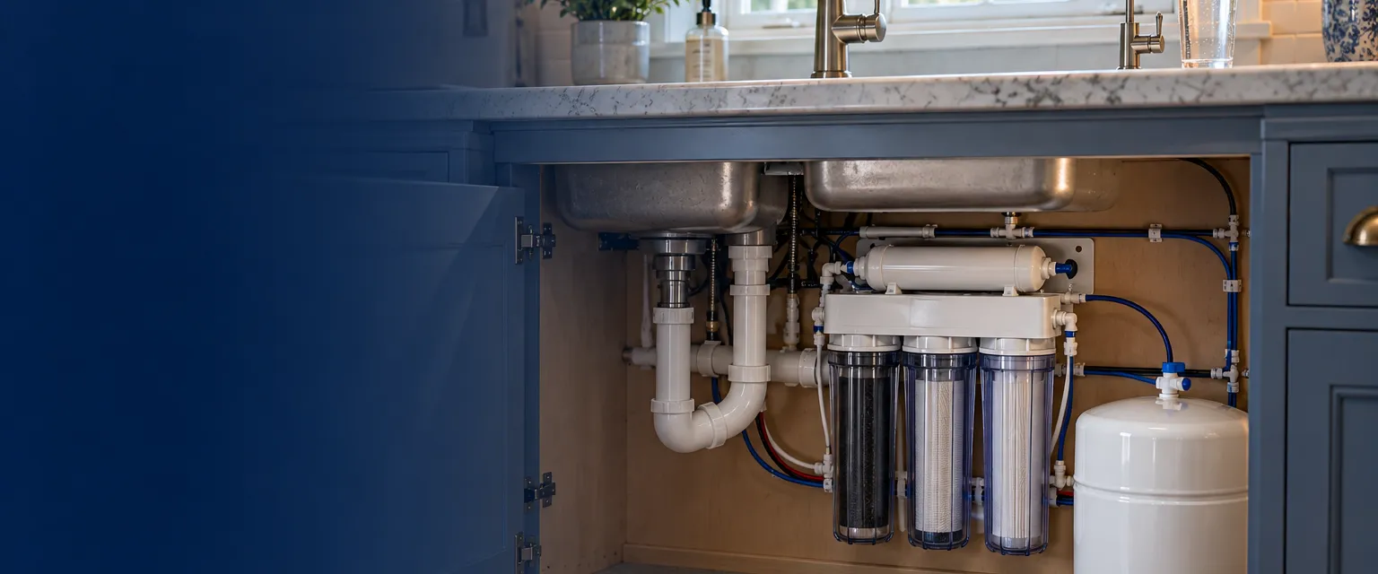 A reverse osmosis system under a kitchen sink with clear filter housings, a small white storage tank and neatly clipped tubing feeding a slim dedicated faucet on the counter above, a glass of water beside it
