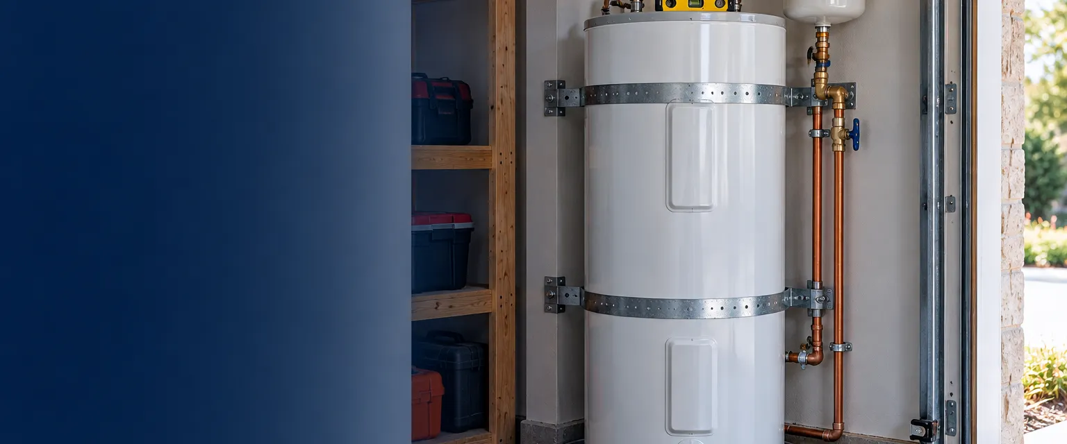 A newly installed white tank water heater in a clean garage corner with a small expansion tank, copper flex connectors, a drip pan beneath and two steel seismic straps