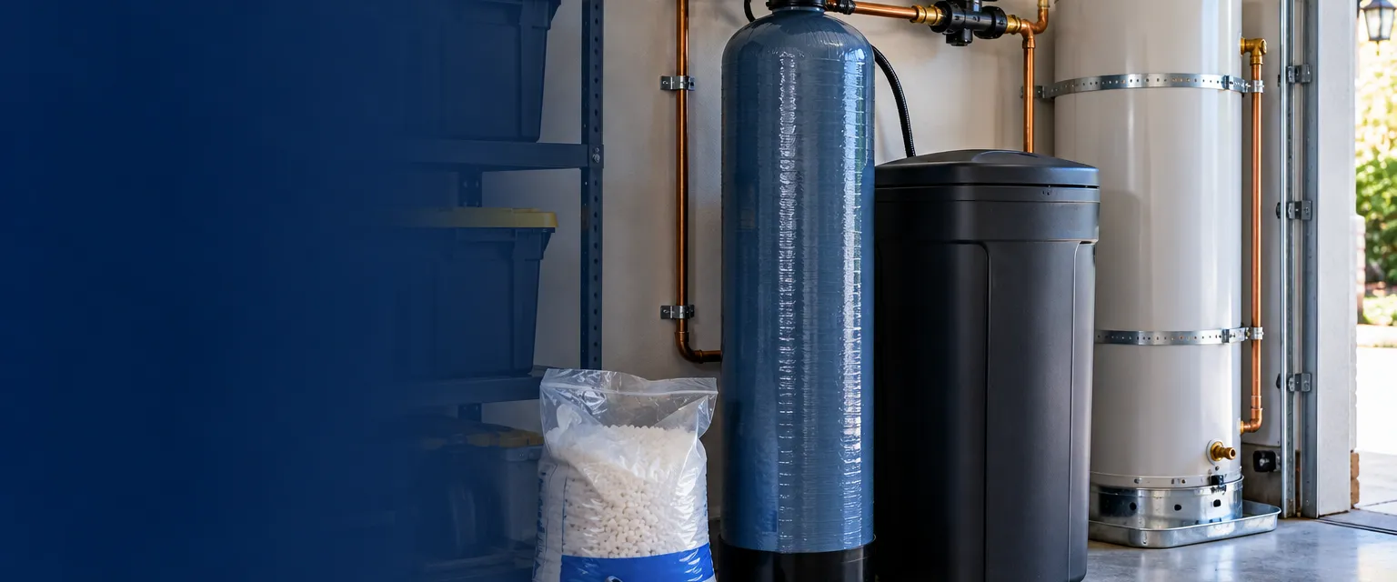 A tall blue-gray resin tank and a squat brine tank standing side by side on a garage floor beside a water heater, connected by a bypass valve and copper loops, a bag of salt pellets open beside them