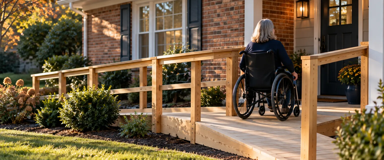 A brick ranch home's front entry with a new gently sloping wooden ramp, handrails and a level landing, a woman in a wheelchair rolling up