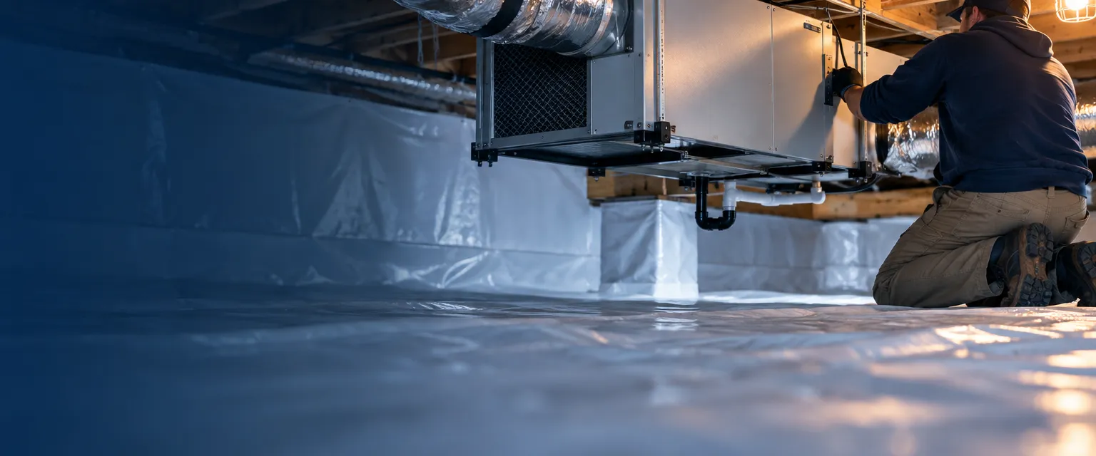 A whole-home dehumidifier hung from the joists of a clean crawlspace with a white vapor barrier sealed up the walls and a duct running to the air handler