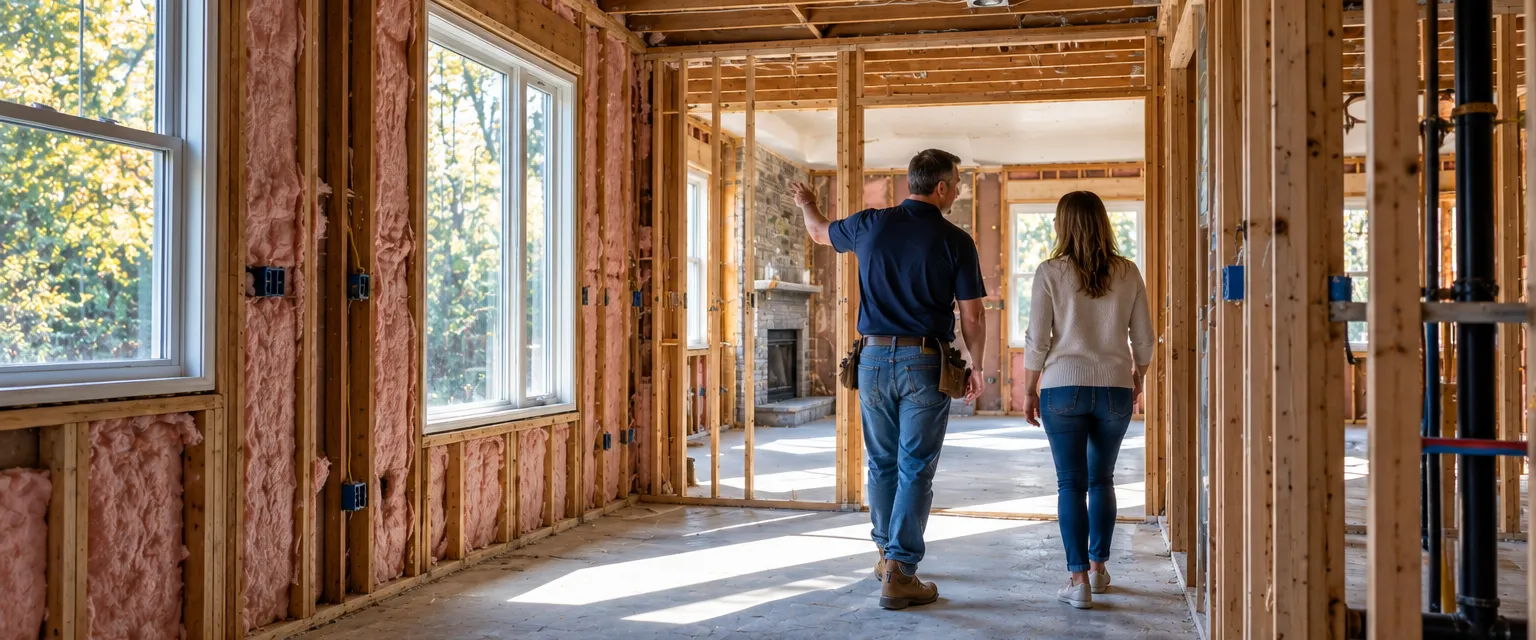 The gutted interior of a mid-century ranch with walls open to new studs and insulation, a contractor walking a homeowner through