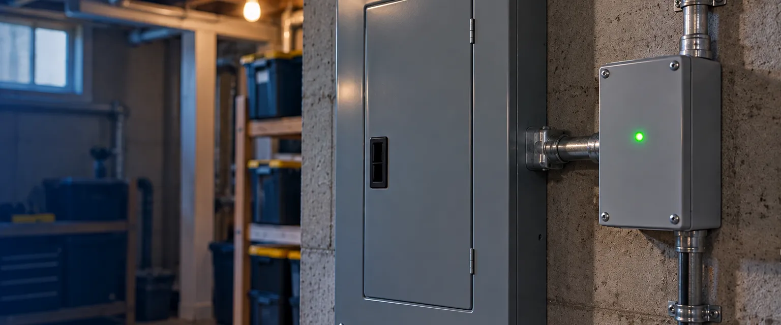 A small gray surge protection device mounted beside a closed breaker panel in a basement utility room, connected by a short conduit nipple, a single green status light glowing