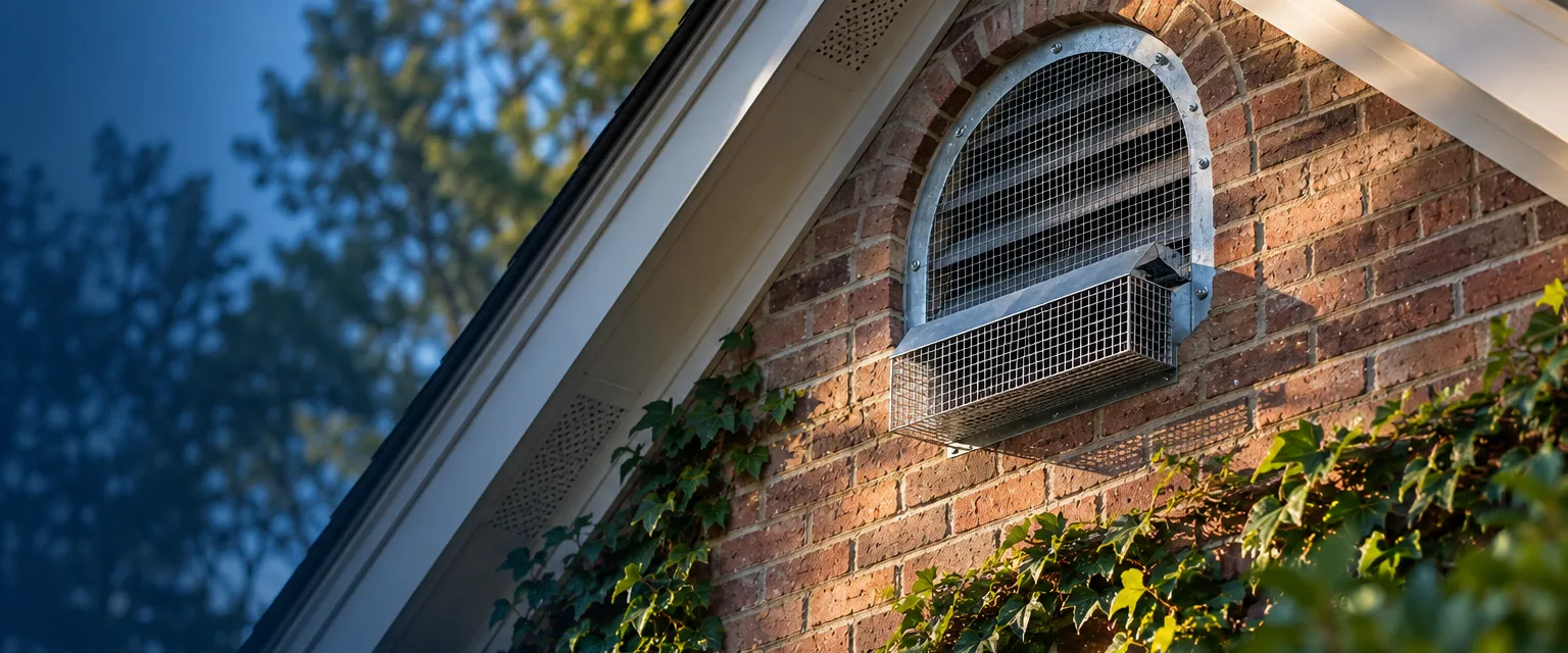 A gable attic vent on a brick colonial fitted with a heavy galvanized mesh cover and a small one-way exclusion tunnel, ivy trimmed back below