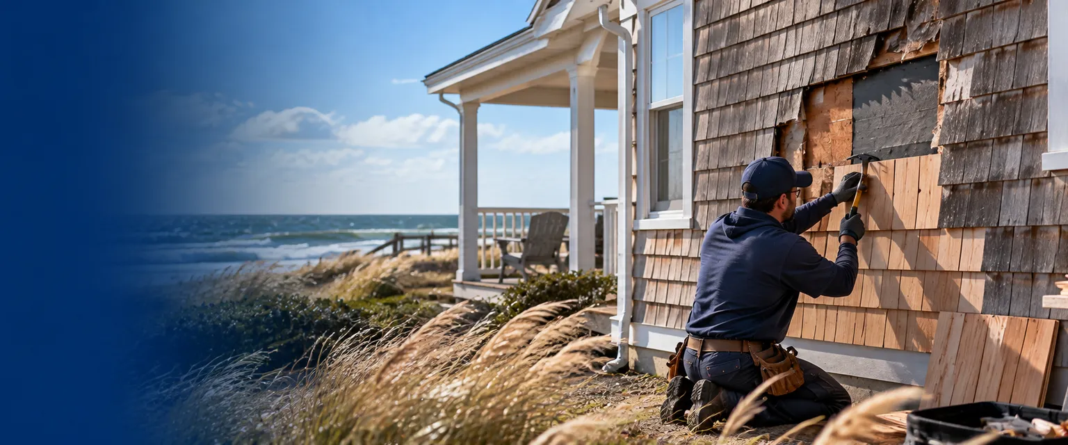 A worker fastening new cedar shakes at ground level on a coastal cottage where the wind peeled back the siding