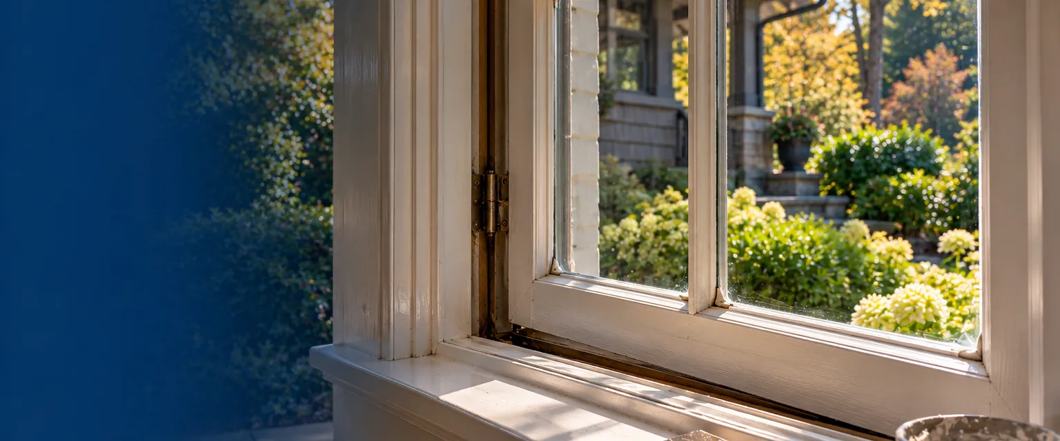 A wood casement window in a craftsman home with a fresh pane of clear glass set in a newly glazed sash, crisp putty lines and glazing points, a putty knife resting on the painted sill