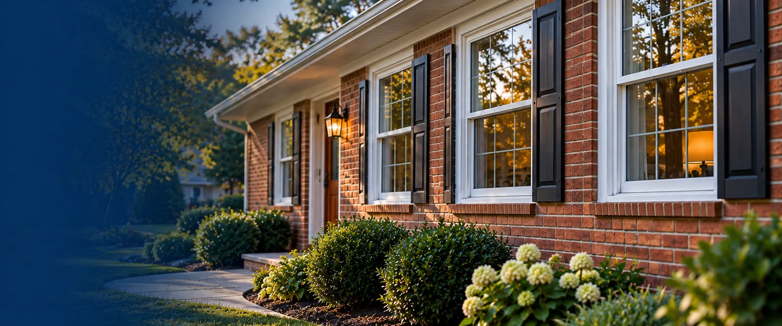 Exterior view of a brick ranch home with a row of new white double-hung windows set into the original openings, crisp aluminum trim wrap and fresh caulk lines, a flower bed below