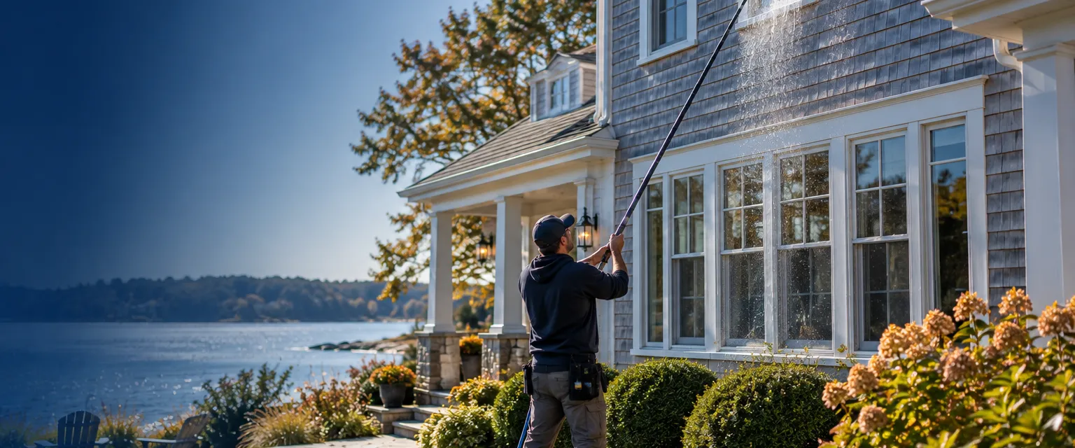 A window washer on the lawn using a long water-fed pole to clean second-story windows of a gray-shingled house, lower windows already spotless