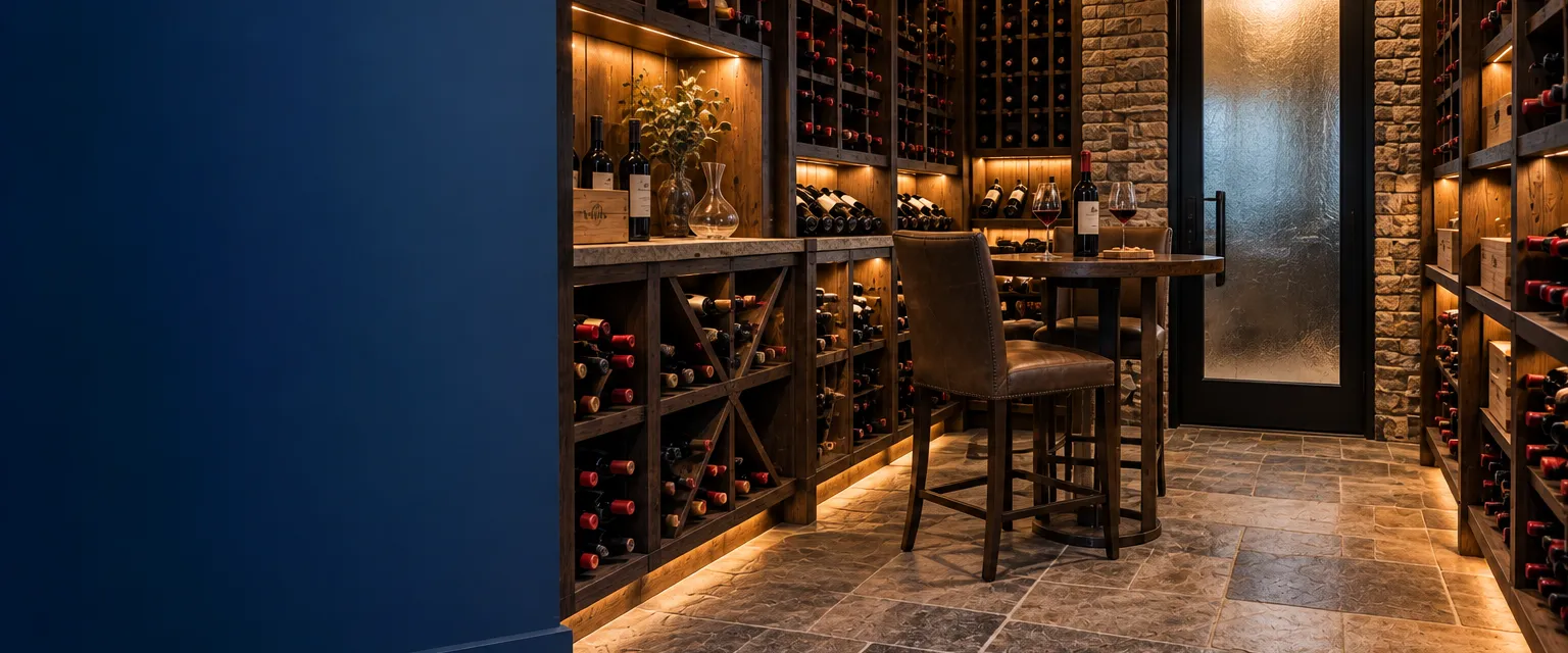 A wine cellar with dark-stained wooden racks of bottles stored necks out, a stone floor, a small tasting table and a frosted glass door