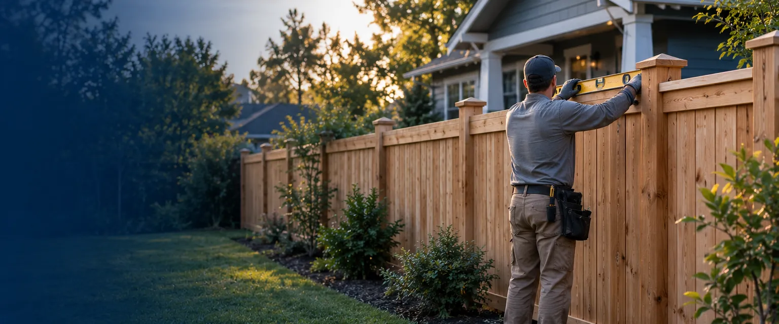 A freshly built cedar board-on-board fence along the back of a bungalow yard, a worker seen from behind checking the top rail with a level