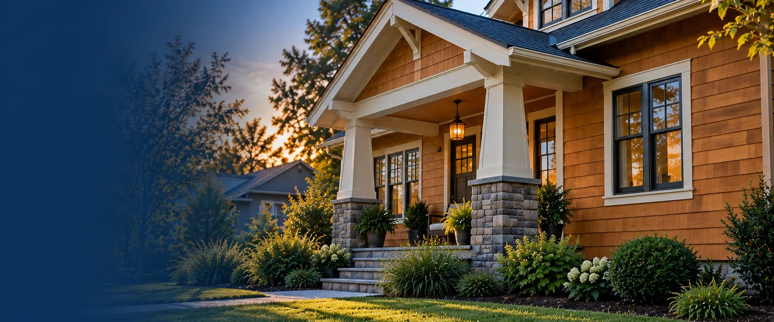 A craftsman bungalow with new cedar clapboard siding in a clear stain, painted cream trim and tapered porch columns on stone bases