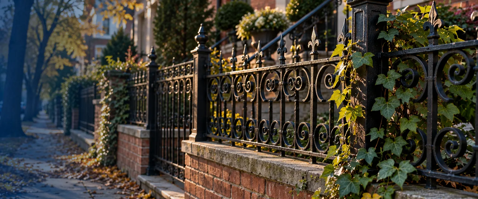 An ornate wrought iron fence with scrolled panels and finials on a low brick knee wall in front of an older brick rowhouse, ivy climbing one post