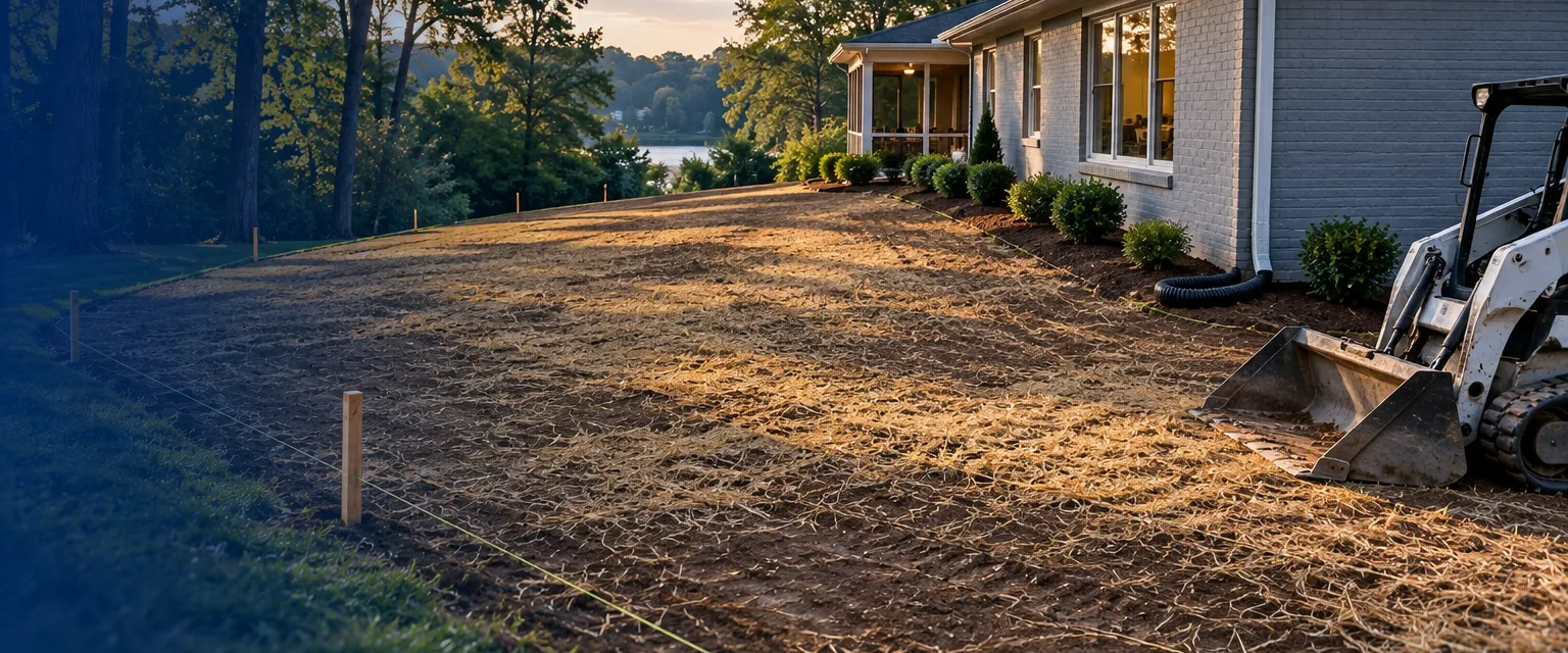 A freshly graded backyard sloping gently away from a ranch house, smooth raked topsoil with grass seed and straw, string lines on stakes marking the slope and a compact loader parked at the side