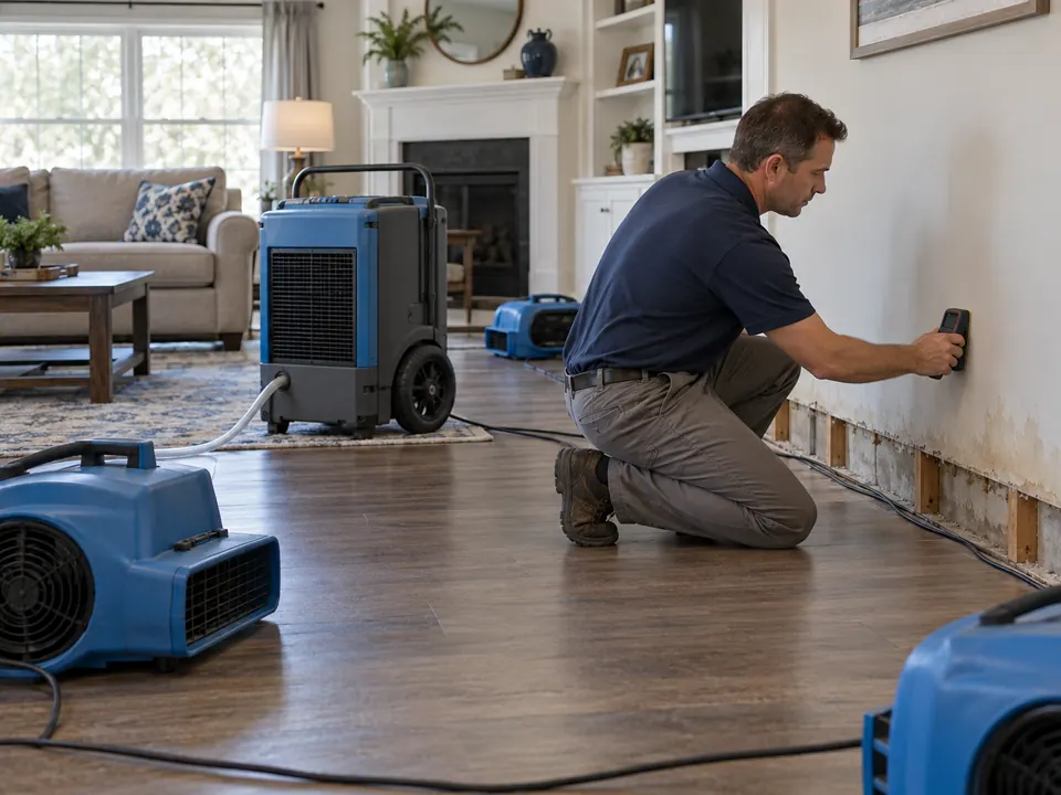 Air movers and a dehumidifier drying a living room while a technician checks the wall