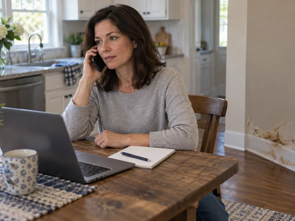 A homeowner on the phone at the kitchen table with a laptop and notebook