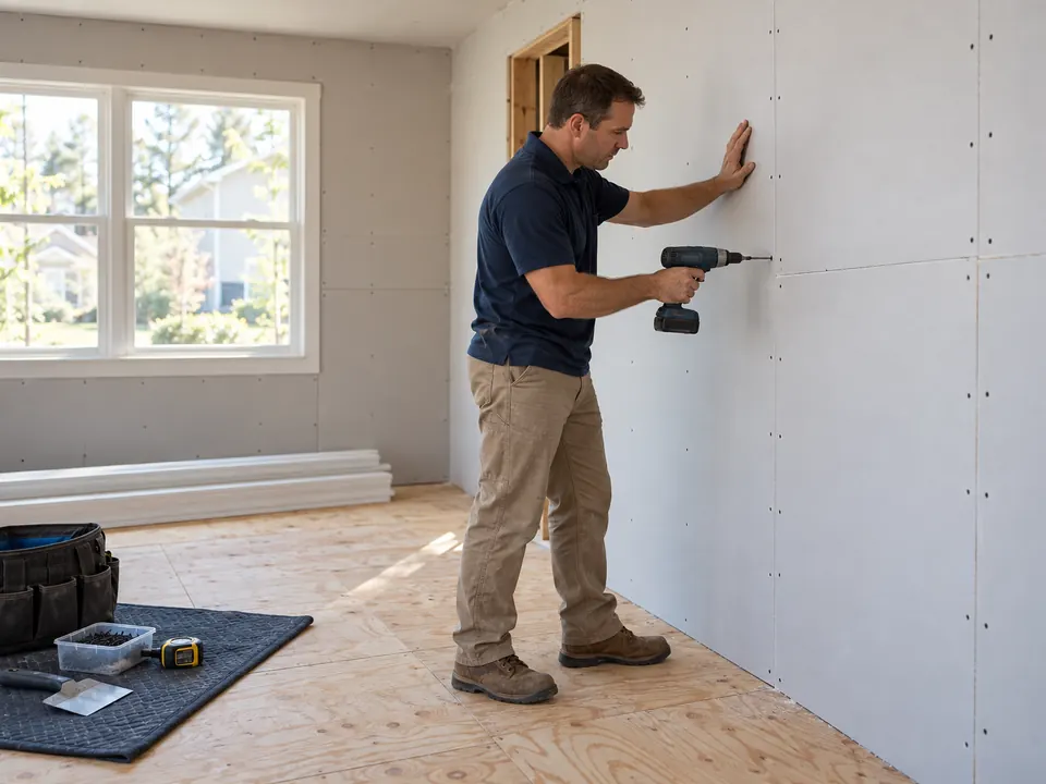 A technician screwing new drywall into place