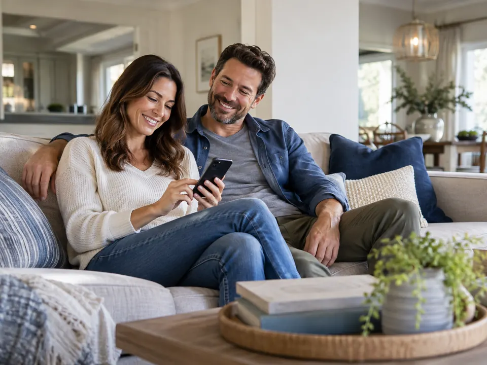 A couple on the sofa leaving a review on a phone